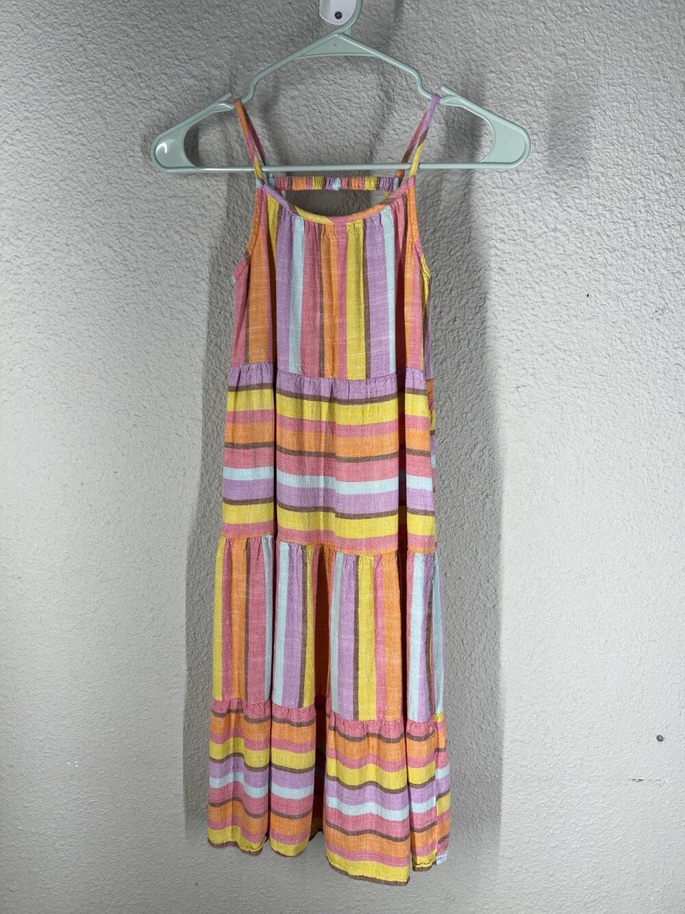Cat & Jack Multicolor Beach Stripe Linen Rayon Blend Sun Dress Tiered Maxi 6/7